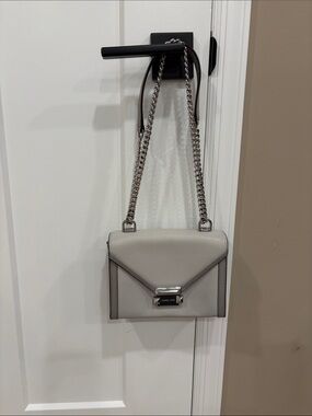 MICHAEL Michael Kors Light Gray Leather Envelope Shoulder Bag with Silver Chain